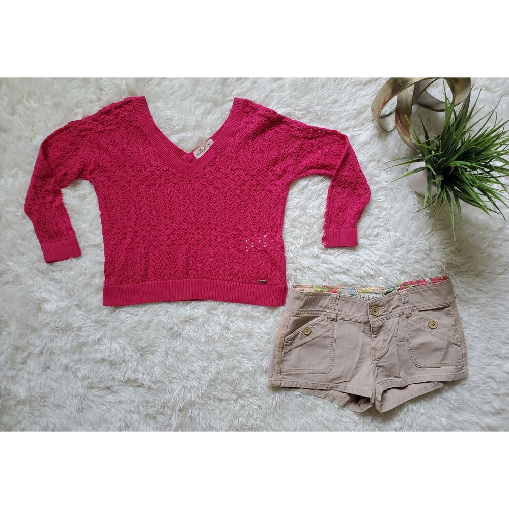 Vintage Y2k Hot Pink Hollister Loose Knit V Neck Crop Sweater Size Medium